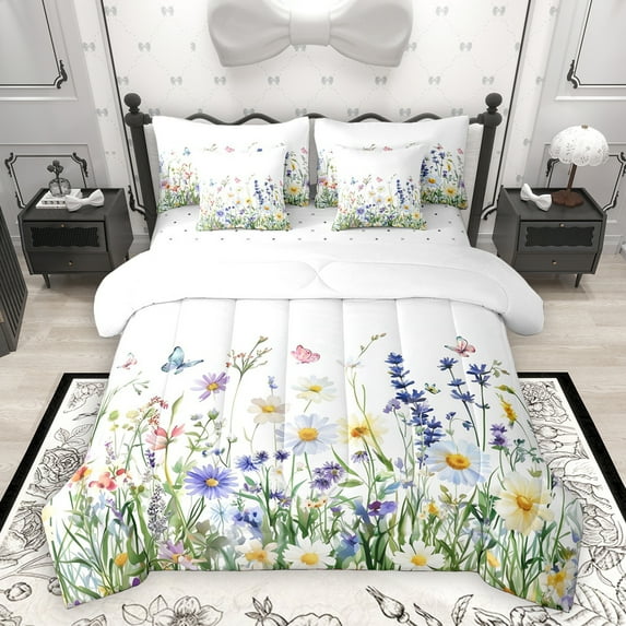 Homewish Multicolor Butterflies 7-Piece Twin Bedding Sets,Cute Country Floral Bedding Comforter Set,Green White Sheet Sets For Girl Teens,Super Cozy Room Decor Reversible