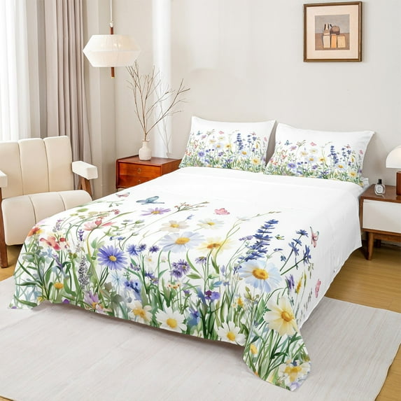 Homewish Multicolor Butterflies Twin Sheet Sets,Cute Country Floral Twin Fitted Sheet,Green White Flat Sheet For Girl Teens,Super Cozy Room Decor,3pcs