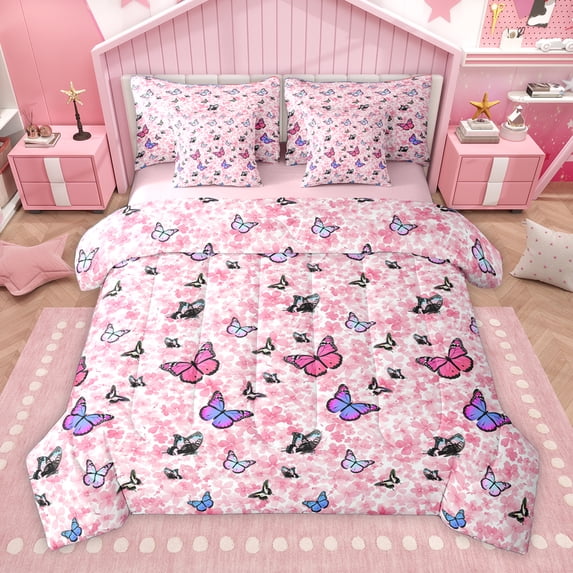 Homewish Multicolor Butterfly 7-Piece Bedding Comforter Set,Cartoon Flower Floral King Bedding Sets,Pink Purple Black Bed Sheets For Girls Teens,Super Cozy Room Decor Reversible