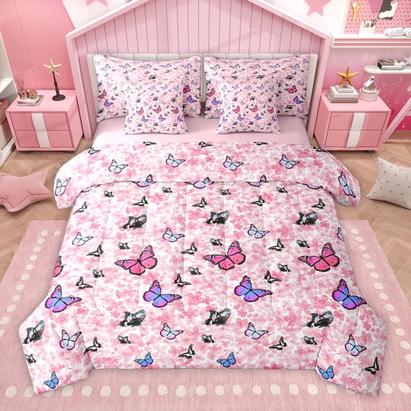 Homewish Multicolor Butterfly 7-Piece Twin Bedding Sets,Cartoon Flower Floral Bedding Comforter Set,Pink Purple Black Sheet Sets For Girls Teens,Super Cozy Room Decor Reversible