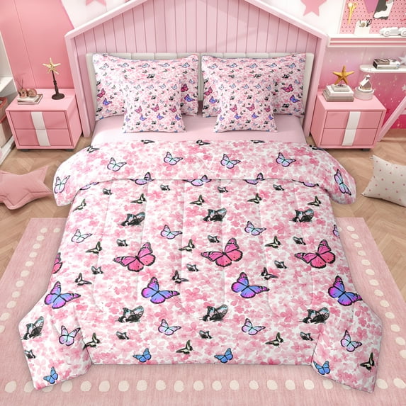 Homewish Multicolor Butterfly 7-Piece Twin Bedding Sets,Cartoon Flower Floral Bedding Comforter Set,Pink Purple Black Sheet Sets For Girls Teens,Super Cozy Room Decor Reversible