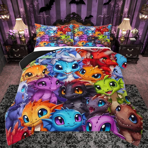 Homewish Multicolor Cartoon Dragon Full Size Comforter Sets,Wild Animal Bedding Comforter Set,Western Fantasy Bedding Sets For Boys Teens,Microfiber Bedroom Decor Reversible,3 Pieces