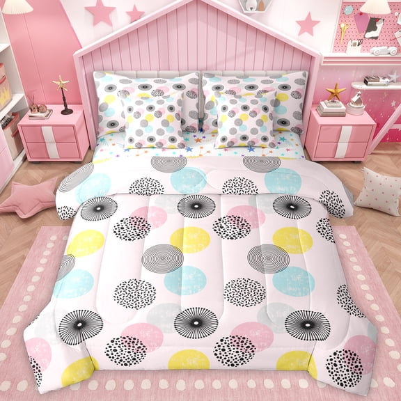 Homewish Multicolor Circle Circular 7pcs Bedding Comforter Set,Modern Geometric Artistic Queen Bedding Sets,Pink Black Cyan Queen Sheet Sets For Girl Kids,Luxury Bedroom Decor Reversible