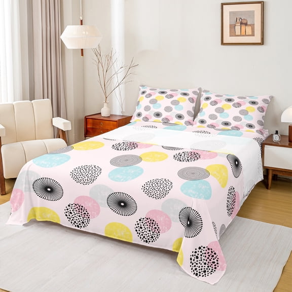 Homewish Multicolor Circle Circular Bed Sheets,Modern Geometric Artistic King Sheets,Pink Black Cyan Sheet Set For Girl Kids,Luxury Bedroom Decor,4 Pieces