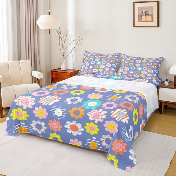 Homewish Multicolor Daisy Queen Sheet Sets,Cartoon Flower Floral Flat Sheet,Geometric Polka Dots Queen Fitted Sheet For Teens,Microfiber Bedroom Decor,4-Piece