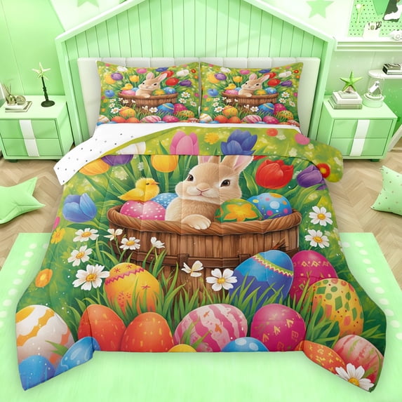Homewish Multicolor Dino Egg Queen Comforter Set,Kawaii Animal Rabbit Bedding Sets,Watercolor Daisy Tulip Flower Bedding Comforter Set For Girl,Breathable Home Decor Reversible,3 Pieces
