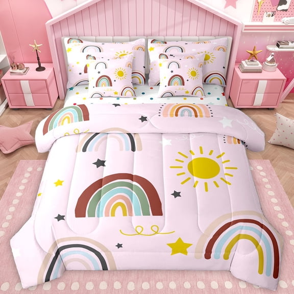 Homewish Multicolor Geometric Striped 7-Piece Twin Bedding Sets,Kawaii Rainbow Sun Bedding Comforter Set,Black Stars Print Sheet Sets For Kids,Microfiber Bedroom Decor Reversible