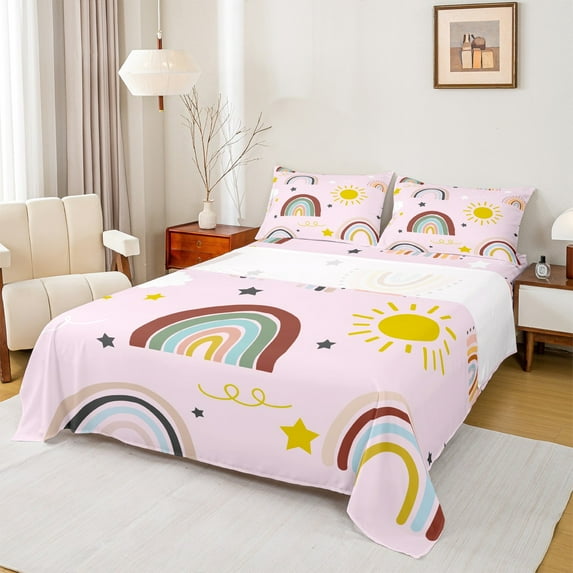 Homewish Multicolor Geometric Queen Sheet Set (4-Piece) Rainbow Sun Black Star Decor For Kids