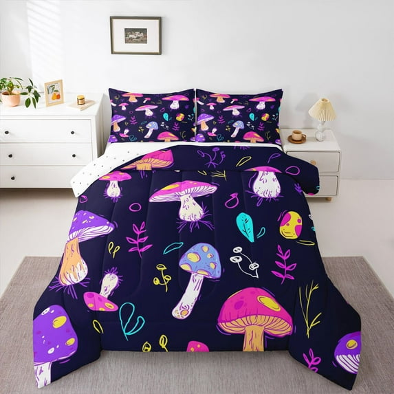 Homewish Multicolor Mushroom Full Size Comforter Sets,Rustic Planet Bedding Comforter Set,Purple Pink Black Bedding Sets For Girls Kids,Super Cozy Room Decor Reversible,3-Piece