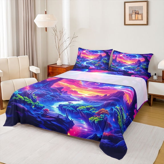 Homewish Multicolor Natural Scenery Twin Sheet Sets,Galaxy Planet Twin Fitted Sheet,Orange Blue Green Flat Sheet For Girls Kids,Microfiber Bedroom Decor,3pcs