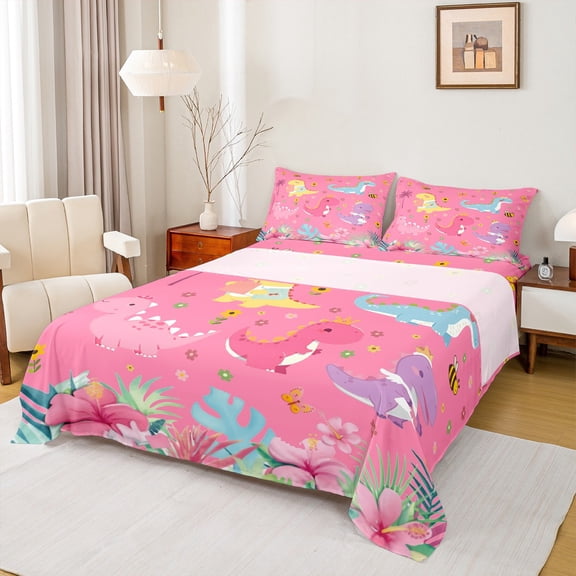 Homewish Multicolor Dinosaur Monstera Palm Pink Floral Queen 4 Piece Breathable Bed Sheet Set for Kids Boys