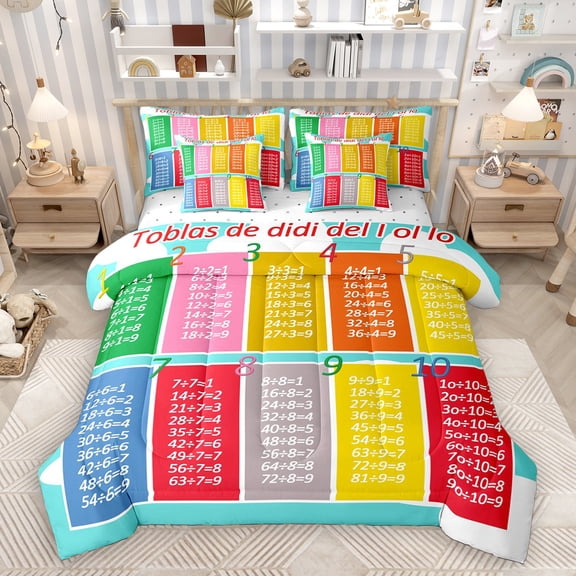 Homewish Multiplication Table 7pcs Bedding Comforter Set,Math Theme Queen Bedding Sets,Teens Number Teching Queen Sheet Sets For Girls Boys,Microfiber Bedroom Decor Reversible