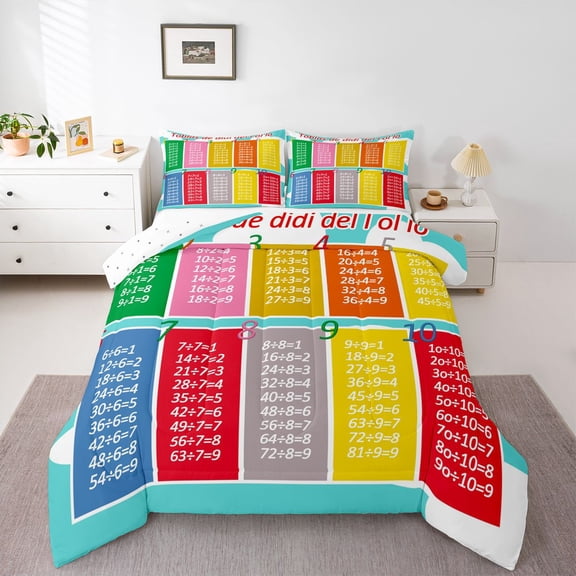 Homewish Multiplication Table Full Size Comforter Sets,Math Theme Bedding Comforter Set,Teens Number Teching Bedding Sets For Girls Boys,Microfiber Bedroom Decor Reversible,3pcs