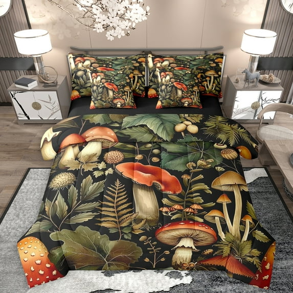 Homewish Mushroom Fungus 7pcs Bedding Comforter Set,Rustic Plant Queen Bedding Sets,Red Green Black Queen Sheet Sets For Girl Kids,Breathable Home Decor Reversible
