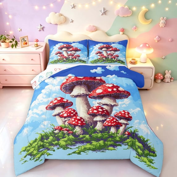 Homewish Mushrooms Cloud Landscape Queen Comforter Set,Cute Fungus Plants Comforter Sets Queen,Red Blue,Colorful Gamepad Reversible,3pcs,1 Comforter and 2 Pillowcases