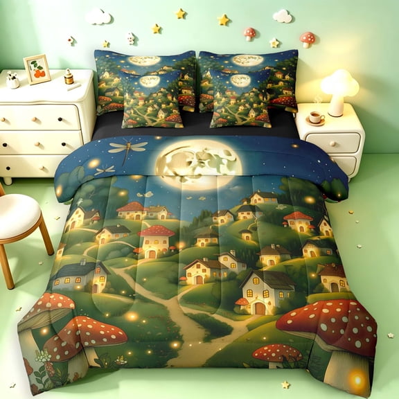 Homewish Mushrooms Moon Landscape 7-Piece Twin Bedding,Fungus Plant Bedding Comforter Set,Green Yellow,Black Reversible