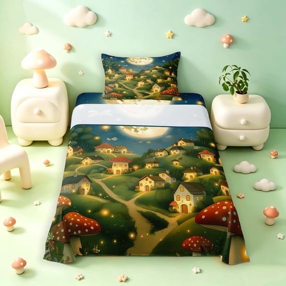 Homewish Mushrooms Moon Landscape Twin Sheets,Fungus Plant Bedding,Green Yellow,3-Piece,1 Flat Sheet,1 Fitted Sheet and 1 Pillowcase