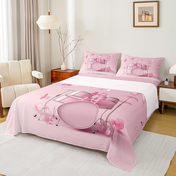 Homewish Music Drum Set 4-Piece Full Size Sheets For Children Teens Adults,Pink Bowknot Flowers Bed Sheets,Musical Instrument Lightweight Sheet Sets,Ultra Soft Home Decor