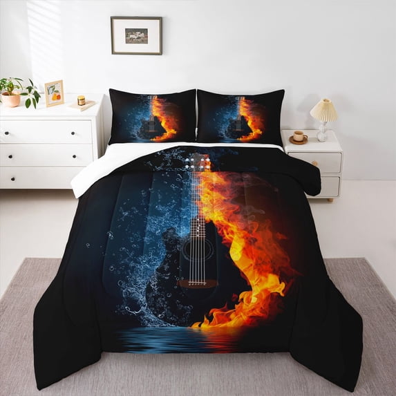 Homewish Music Guitar Bedding Comforter Set 2pcs for Female Men Adults,Abstract Musical Instrument Twin Comforter Sets Microfiber,Blue Orange Breathable Bedding Set,Ultra Soft Home Decor