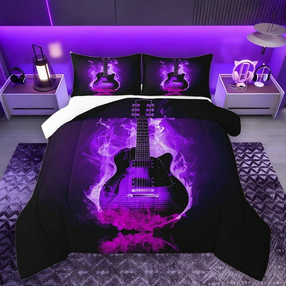 Homewish Music Guitar Bedding Comforter Set,Musical Instrument Twin Comforter Sets,Black Purple Bedding Set For Girl Boy,Super Cozy Room Decor,2 Pieces