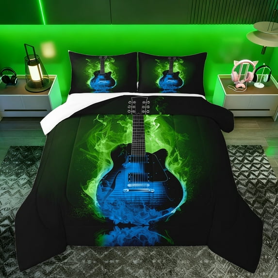Homewish Music Instrument Pattern Queen Comforter Set,Electric Guitar Bedding Sets,Green Blue Black Bedding Comforter Set For Teens,Luxury Bedroom Decor,3 Pieces