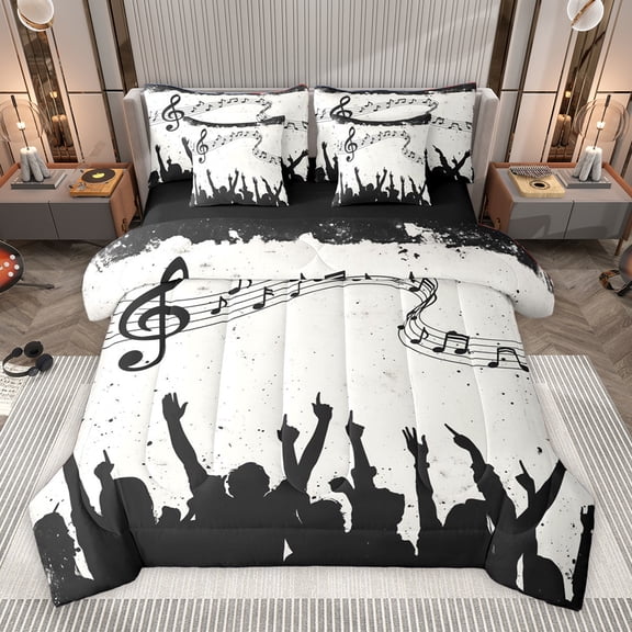Homewish Music Lover 7-Piece Bedding Comforter Set,Black Splatter Ink King Bedding Sets,Musical Notes Bed Sheets For Girl Boys,Microfiber Bedroom Decor Reversible