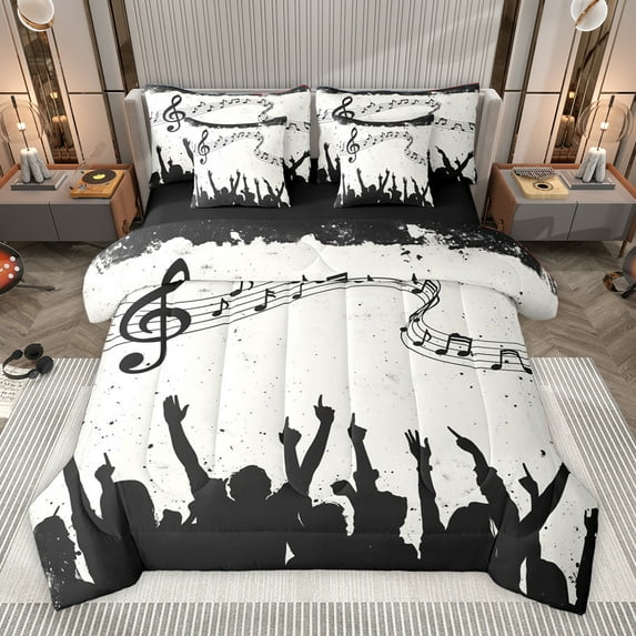 Homewish Music Lover 7pcs Bedding Comforter Set,Black Splatter Ink Queen Bedding Sets,Musical Notes Queen Sheet Sets For Girl Boys,Microfiber Bedroom Decor Reversible