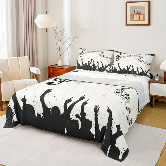 Homewish Music Lover Queen Sheet Sets,Black Splatter Ink Flat Sheet,Musical Notes Queen Fitted Sheet For Girl Boys,Microfiber Bedroom Decor,4 Pieces