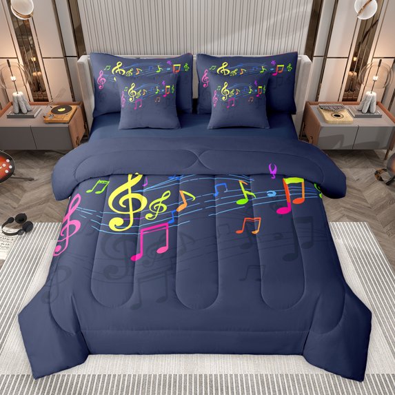 Homewish Music Theme 7 Pieces Bedding Comforter Set,Colorful Musical Meldoy Full Bedding Set,Deep Blue Fitted Sheet Flat Sheet For Kids,Super Cozy Room Decor Reversible