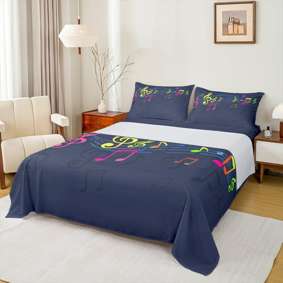 Homewish Music Theme Queen Sheet Sets,Colorful Musical Meldoy Flat Sheet,Deep Blue Queen Fitted Sheet For Kids,Super Cozy Room Decor,4-Piece