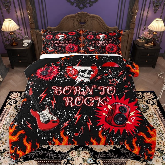 Homewish Musical Guitar 3 Pieces Queen Comforter Set for Female Men Teens,Gothic Skull Ultra Soft Bedding Sets,Hippie Music Theme Bedding Comforter Set,Lightweight Room Decor,Reversible
