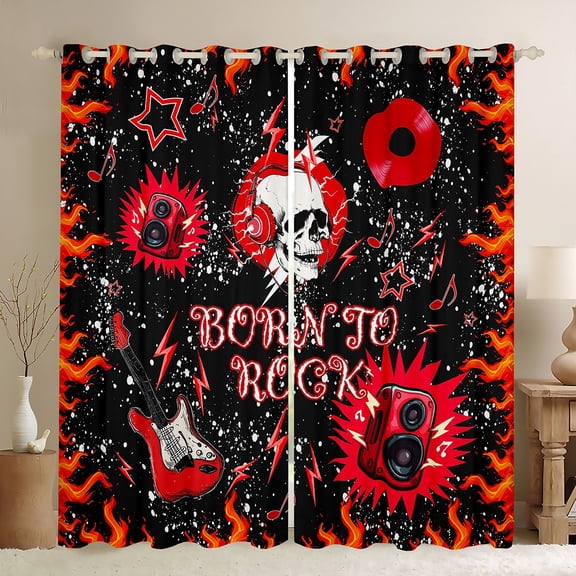 Homewish Musical Guitar Black Out Curtains for Female Men Teens,Gothic Skull Curtains Pack of 2 (42x63 Each),Hippie Music Theme Bedroom Curtains,Lightweight Room Decor