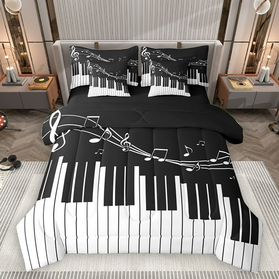 Homewish Musical Notes 7 Pieces Bedding Comforter Set for Female Men Teens,Black White Full Bedding Set Lightweight,Music Piano Melody Fitted Sheet Flat Sheet,Super Cozy Room Decor,Reversible
