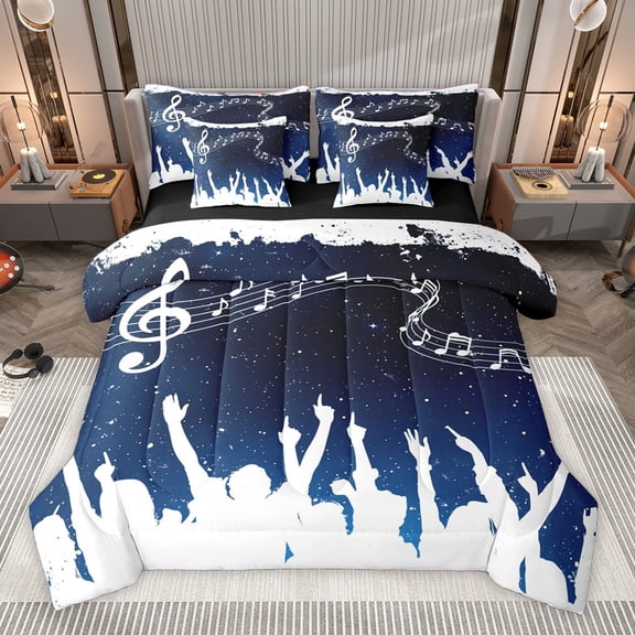 Homewish Musical Notes Melody 7 Pieces Bedding Comforter Set,Music Lover Silhouette Full Bedding Set,White Blue Fitted Sheet Flat Sheet For Teens,Breathable Home Decor Reversible