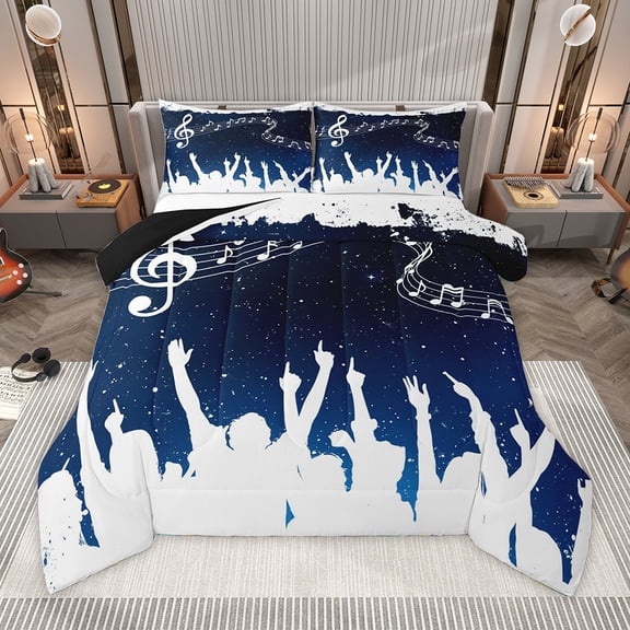 Homewish Musical Notes Melody Full Size Comforter Sets,Music Lover Silhouette Bedding Comforter Set,White Blue Bedding Sets For Teens,Breathable Home Decor Reversible,3 Pieces