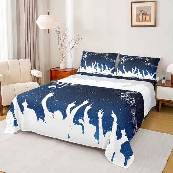 Homewish Music White Blue Queen 4-Piece Reversible Teens Melody Note Lover Sheet Set