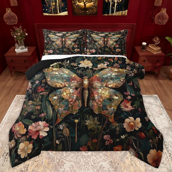 Homewish Mystic Butterfly Animal Queen Comforter Set, Hippie Flower Floral Bedding Sets, Bohemian Mandala Style Reversible Bedding Comforter Set, Breathable Home Decor, 3pcs