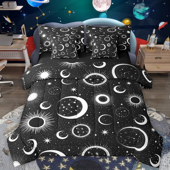 Homewish Mystic Constellation Child Bedding Comforter Set 7pcs, Black White Galaxy Queen Bedding Sets, Horoscope Stars Moon Sun Reversible Queen Sheet Sets, Ultra Soft Bedroom Decor
