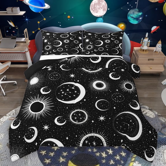 Homewish Mystic Constellation Child Bedding Comforter Set, Black White Galaxy Twin Comforter Sets, Horoscope Stars Moon Sun Reversible Bedding Set, Ultra Soft Bedroom Decor, 2 Pieces