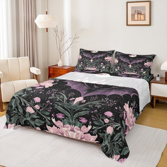 Homewish Mystic Gothic Bat Bed Sheets, Rustic Flower Botancial King Sheets, Glitter Stars Galaxy Sheet Set, Breathable Home Decor, 4pcs
