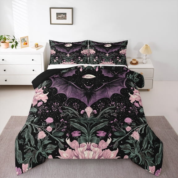 Homewish Mystic Gothic Bat Queen Comforter Set, Rustic Flower Botancial Bedding Sets, Glitter Stars Galaxy Reversible Bedding Comforter Set, Breathable Home Decor, 3pcs