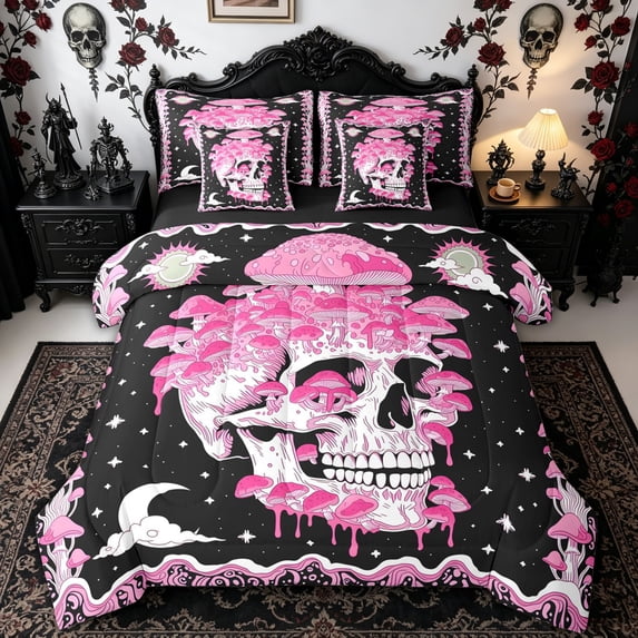 Homewish Mystic Mushroom Skull Queen Bedding for Adults, Psychedelic Gothic Moon Star Bedding Comforter Set Queen, Black Reversible, 7 Pieces