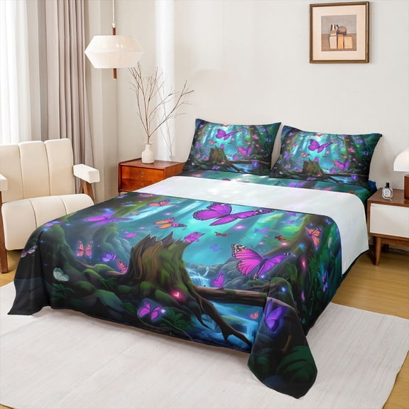 Homewish Mystic Purple Butterfly Twin Sheet Sets for Teens, Dreamy Jungle Animal Twin Fitted Sheet, Tree Plant Flat Sheet, Super Cozy Room Decor, 3-Piece