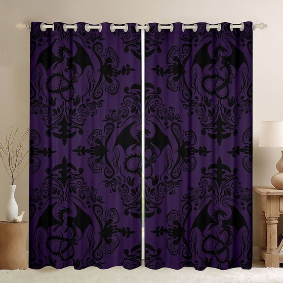 Homewish Mystic Purple Damask Blackout Curtains Set of 2 (52x84 Each), Bohemian Dragon Animal Window Curtains, Tribal Mandala Western Curtains and Drapes, Blackout Curtains Home Decor