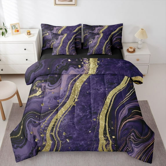 Homewish Mystic Purple Marbling Bedding Comforter Set 7pcs for Women, Art Abstract Marble Queen Bedding Sets, Watercolor Reversible Queen Sheet Sets, Luxury Bedroom Decor