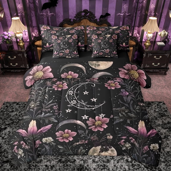 Homewish Mystic Ramadan Moon Bedding Comforter Set 7pcs, Hippie Flower Floral Queen Bedding Sets, Bohemian Mandala Style Reversible Queen Sheet Sets, Super Cozy Room Decor