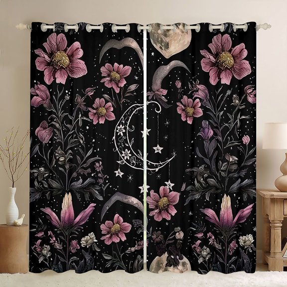 Homewish Mystic Ramadan Moon Curtains Pack of 2 (42x84 Each), Hippie Flower Floral Curtains Blackout, Bohemian Mandala Style Bedroom Curtains, Window Curtains Decor