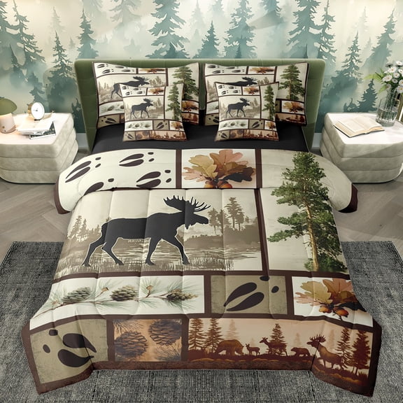 Homewish Mystic Reindeer Moose Bedding Comforter Set, Vintage Patchwork King Bedding Sets, Rustic Countryside Reversible Bed Sheets, Ultra Soft Bedroom Decor