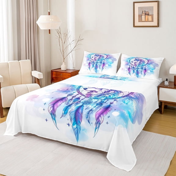 Homewish Mystic Tribal Wolf Twin Sheet Sets for Kid, Western Dream Catcher Twin Fitted Sheet, Fashion Watercolor Flat Sheet, Super Cozy Room Decor, 3 Pieces