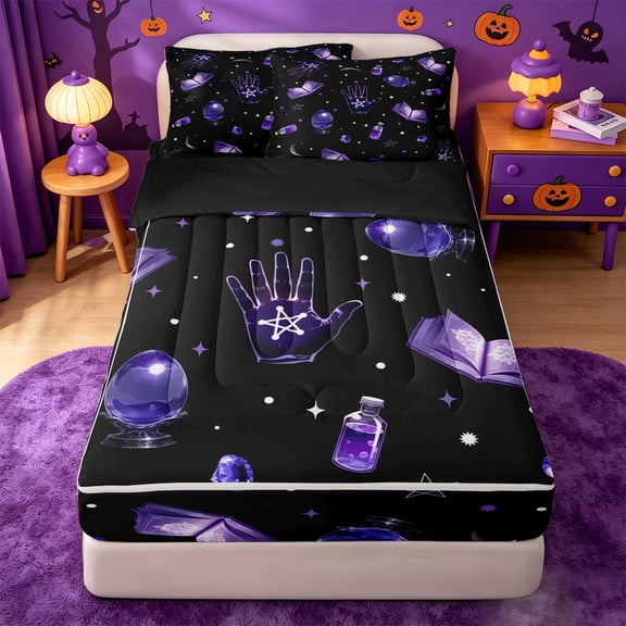 Homewish Mystic Witch Halloween Zipper Twin Comforter Sets with Fitted Sheet and 2 Pillowcases,Palm Crystal Spell Book Pattern Zipper Bedding Set,Black Violet,Black Reversible,4-Piece